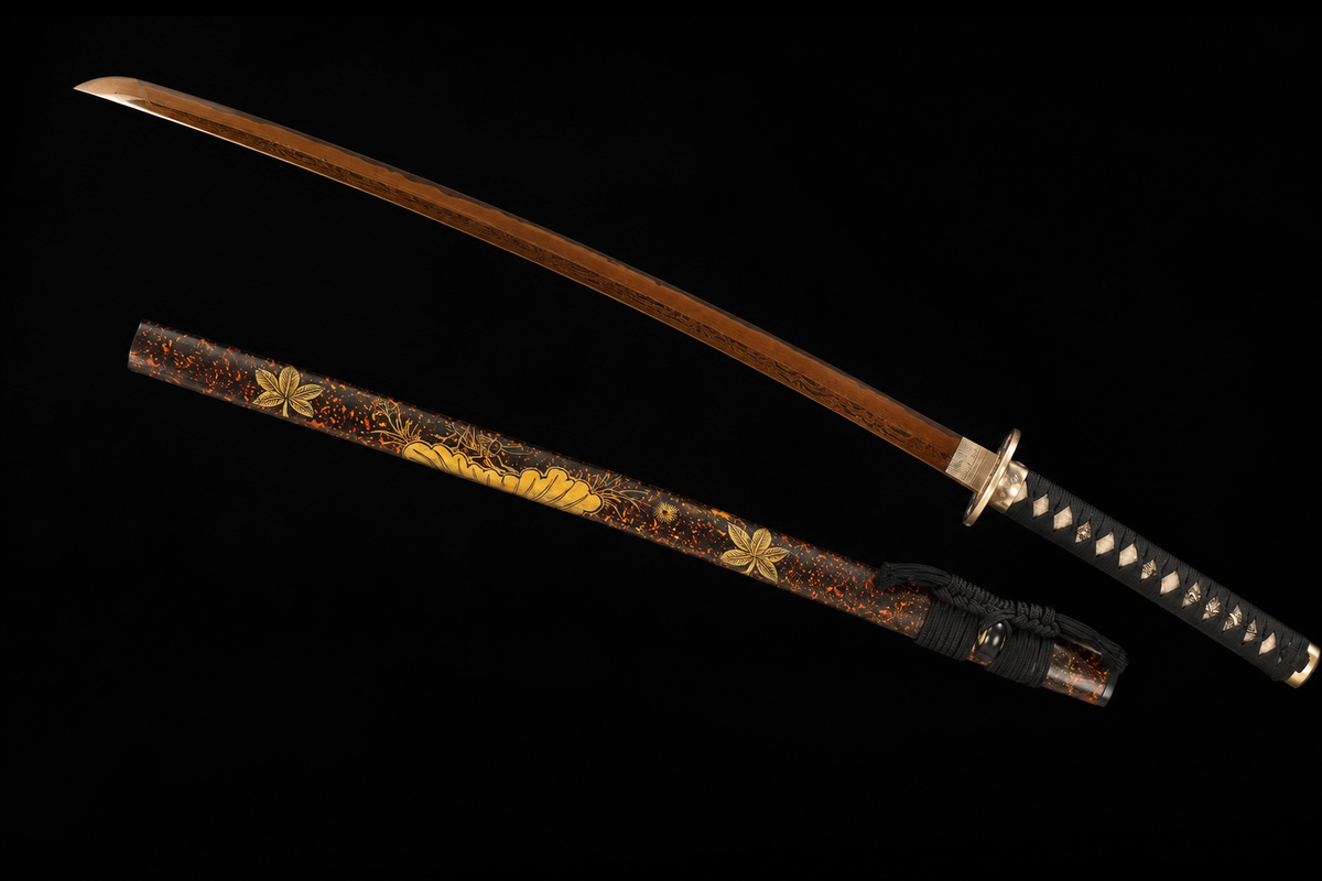 Hand-Painted Saya Katana — Sanmai Folded Steel, Gold Chrysanthemum — drawn, angled full view