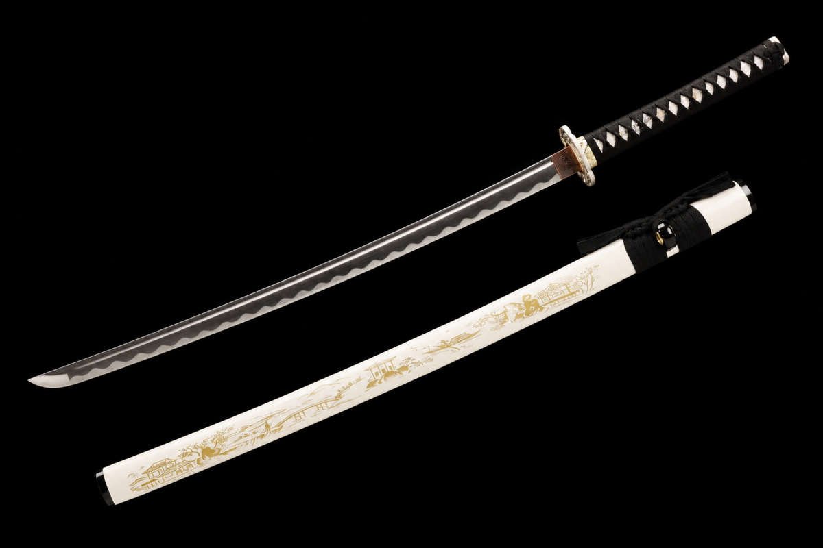 Chonglou Katana — Gold-Painted White Saya, Floral Mokko Tsuba — drawn, angled full view
