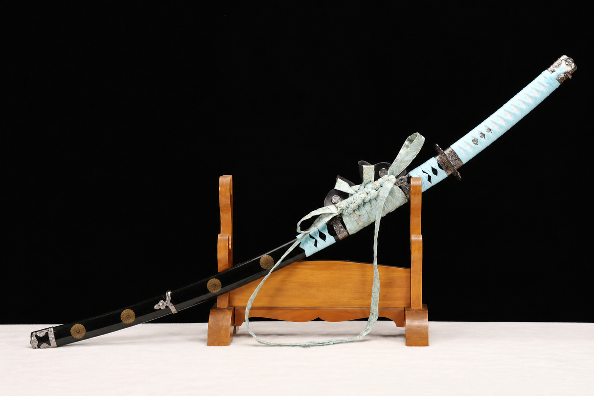 Deep-Curve Tachi — Clay-Tempered T10, Powder-Blue Ito, Kamon Saya — sheathed, angled full view