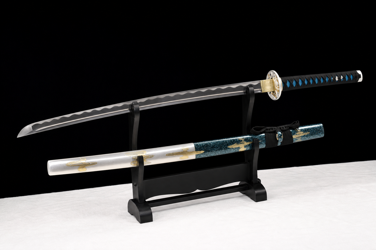 Ocean Dragon Katana — Teal Cloud Saya, Silver Wave Tsuba — drawn, angled full view
