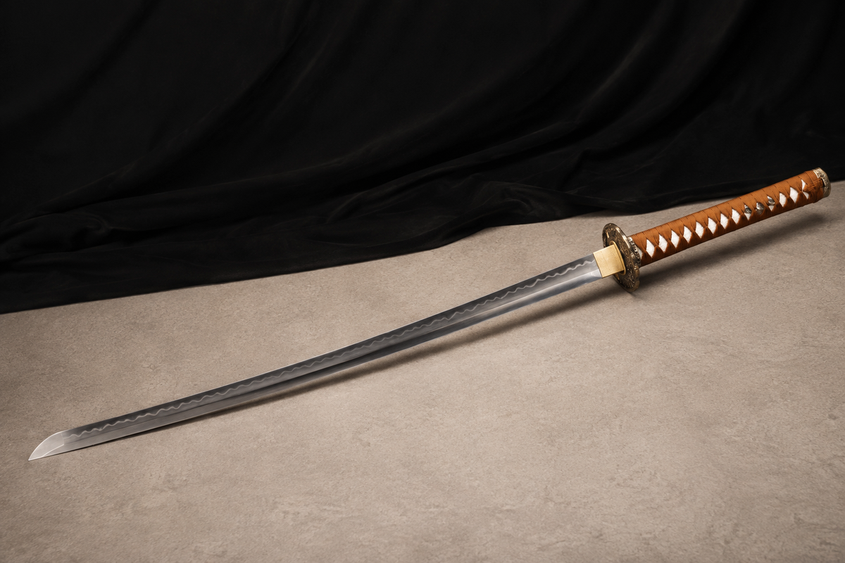 Unsharpened Collector Katana — T10 Tool Steel, Clay-Tempered, Copper Mounts — unsheathed, full view