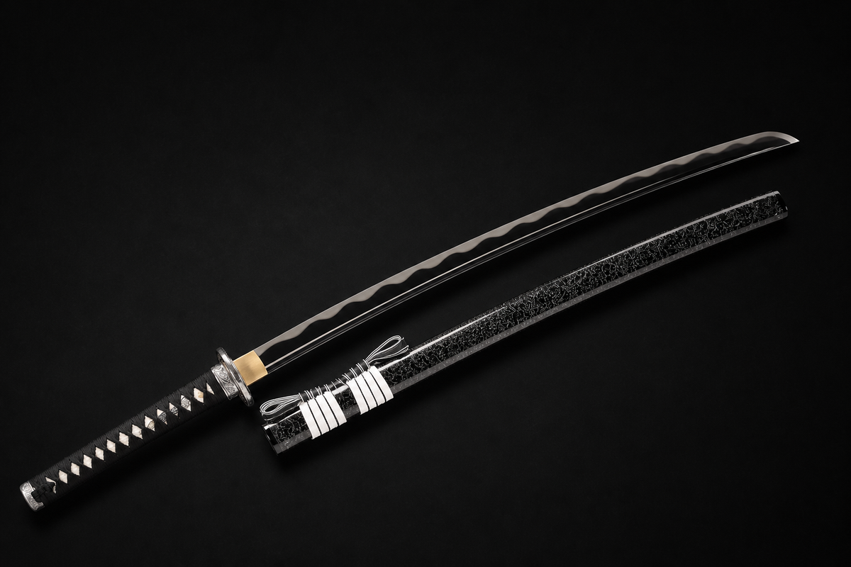 Unsharpened Cloud-Dragon Collector Katana — 5160 Spring Steel, Copper-Alloy Fittings — unsheathed, angled view