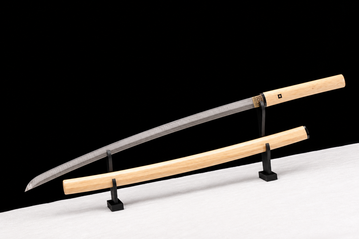 Unsharpened Ladder-Pattern Collector Iaito — Patterned Steel, Horn and White-Wood Mounts — 斜向出鞘全刀