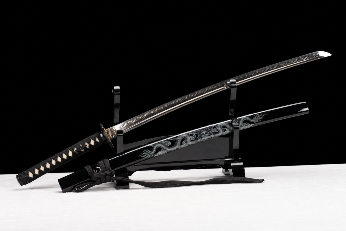 Wave-Hamon Katana — Clay-Tempered T1095, Bo-Hi and True Yokote — drawn, angled full view