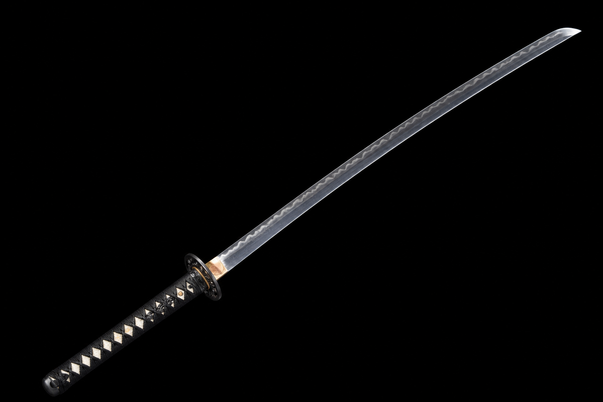 Unsharpened Lotus-Openwork Collector Katana — Clay-Tempered T10, Iron Tsuba — unsheathed, angled view