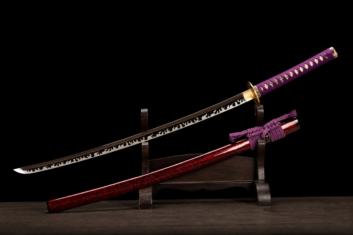 Unsharpened Copper-Mounted Collector Katana — 5160 Spring Steel, Cypress Lacquer Saya — unsheathed, angled view