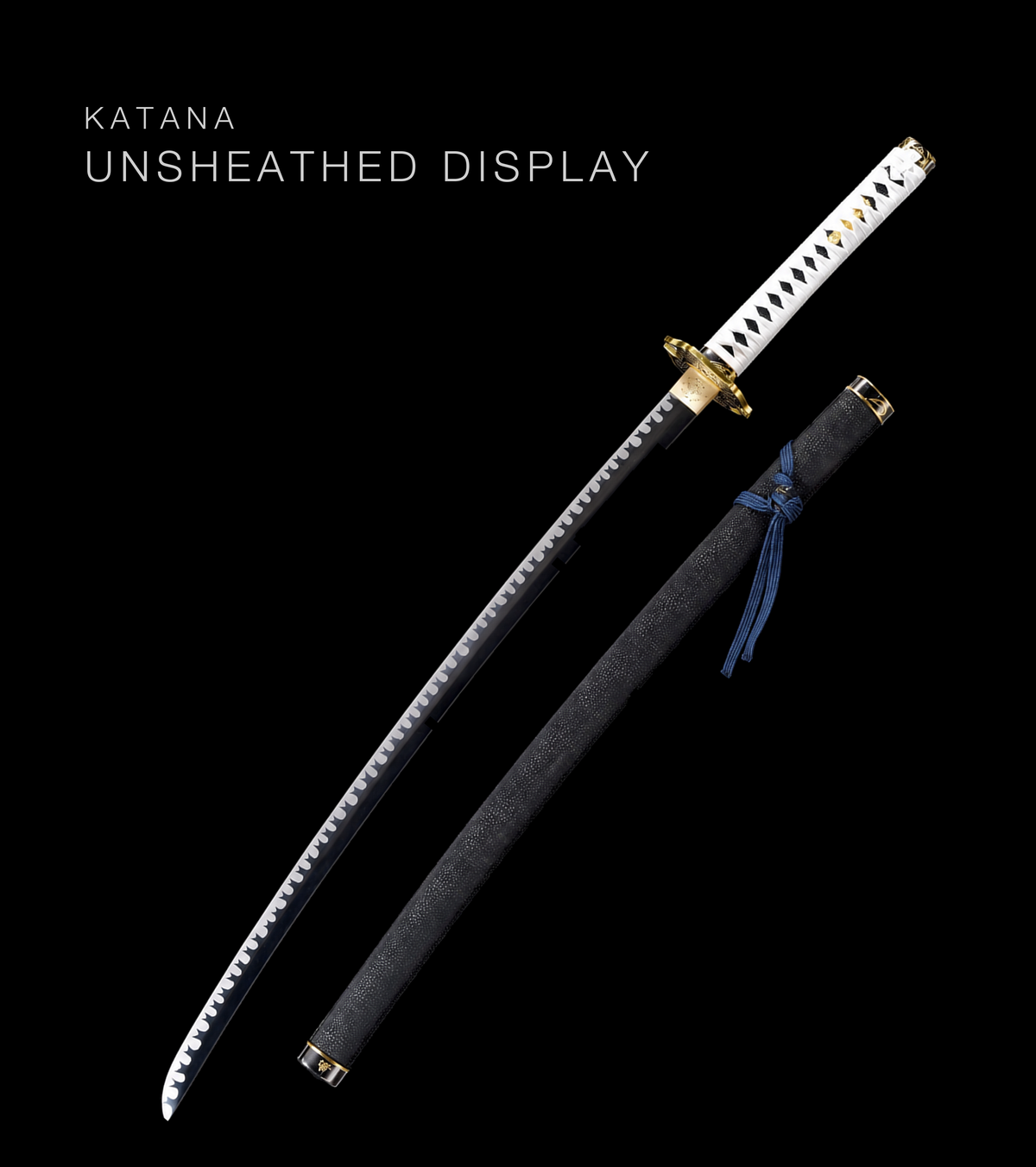 Wave-Blade Anime Katana — White Ito, Blue Sageo, Gold Tsuba