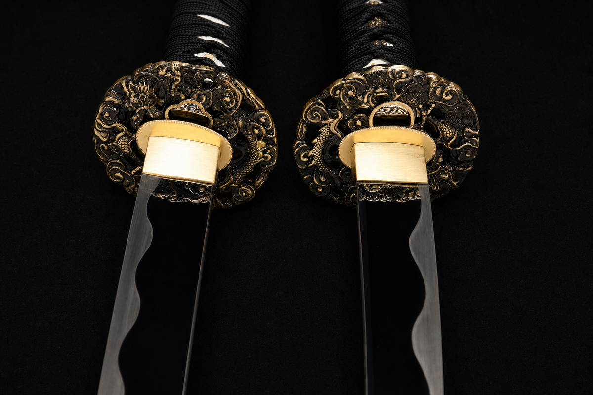 Daisho Set — Mirror-Polished 5160, Carved Red-and-Black Saya — both tsuba, habaki and blade base detail