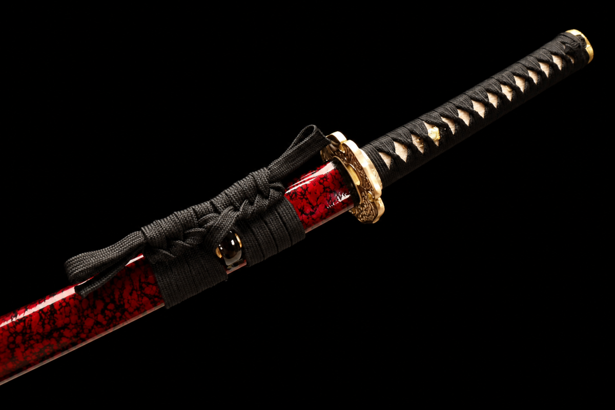 Chrysanthemum-Tsuba Katana — Mirror-Polished 5160, Red Mottled Saya — sheathed tsuka and sageo detail