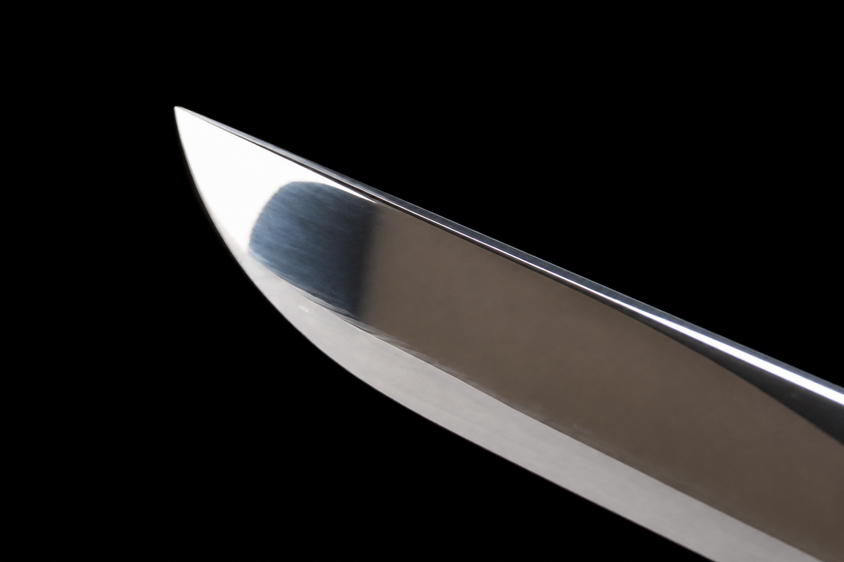 Unsharpened Hira-Zukuri Silver-Dragon Collector Katana — Mirror Polish, Alloy Fittings — kissaki detail