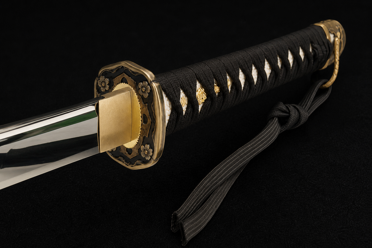 Unsharpened Type 98 Gunto Reproduction — Mirror-Polished, Leather-Wrapped Saya — 中间视角刀镡鎺柄部特写