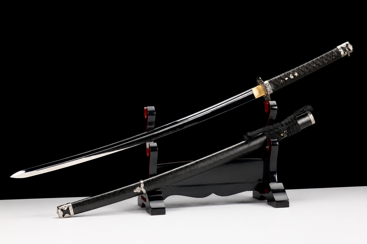 Han-Tachi Katana — Mirror-Polished 5160, Textured Black Saya — angled full view