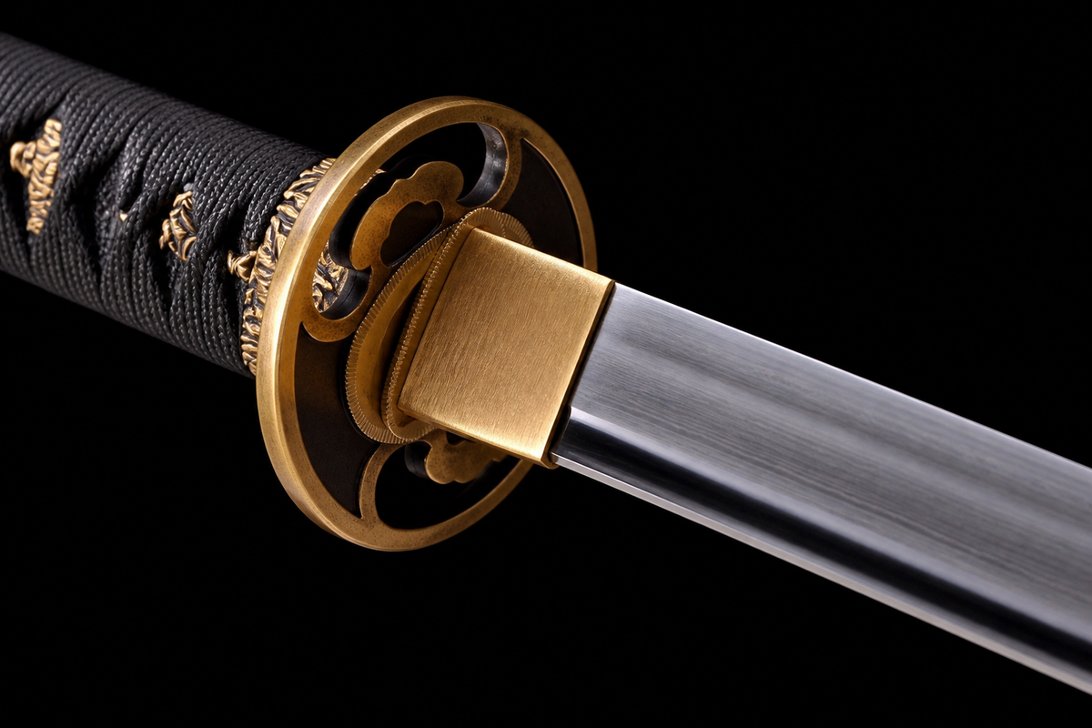 Folded Steel Short Sword — Black Ito, Olive Saya — photograph 7