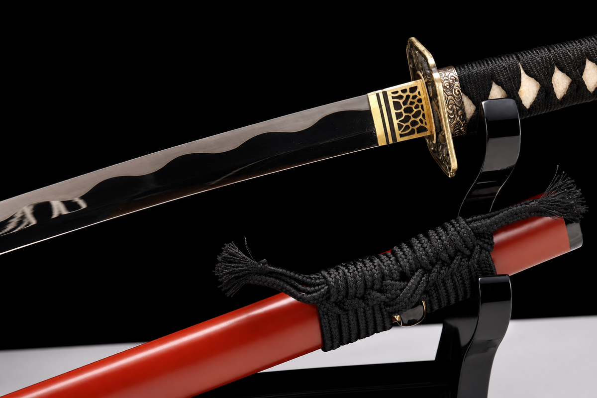 Rising Dragon Katana — Vermilion Saya, Gold Openwork Tsuba — habaki, tsuba and sageo detail