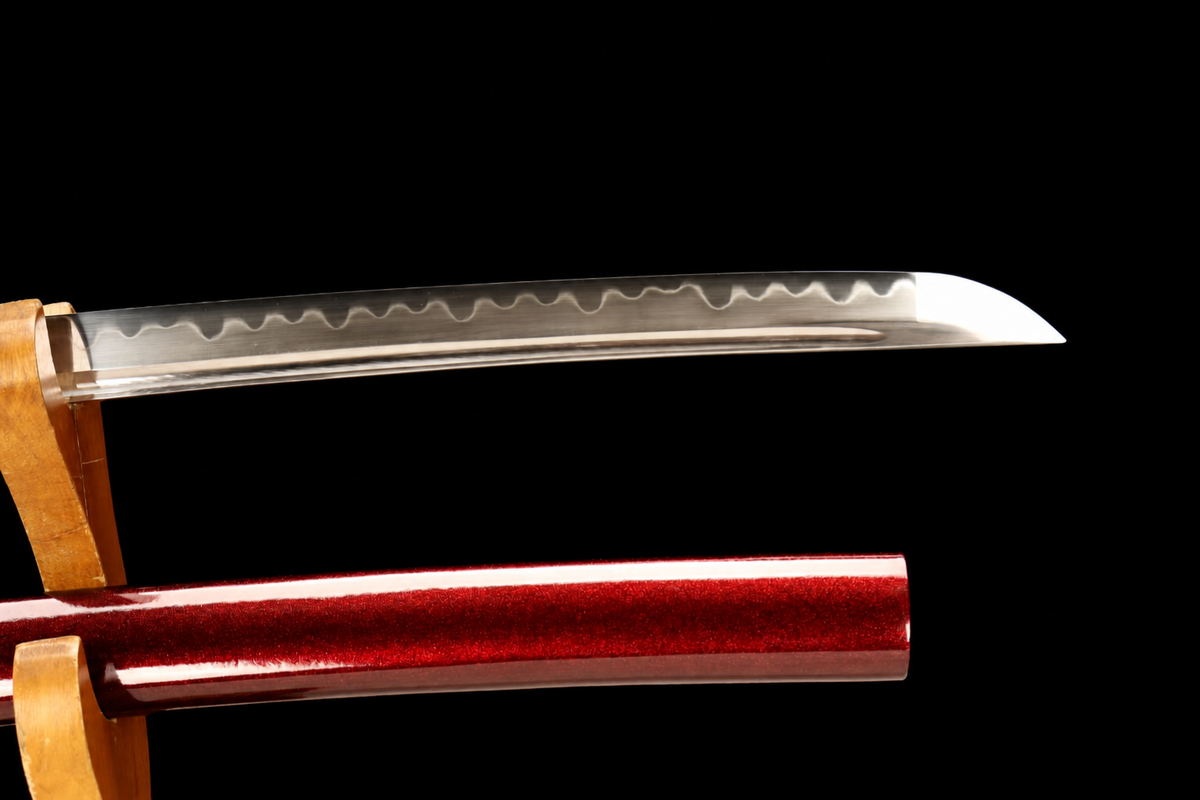 Karakusa Katana — Clay-Tempered T1095, Wine Saya, Green Ito — kissaki and temper line detail
