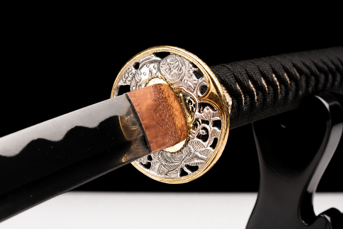 Drifting Shadow Katana — Streaked Black Saya, Copper Seppa — tsuba detail