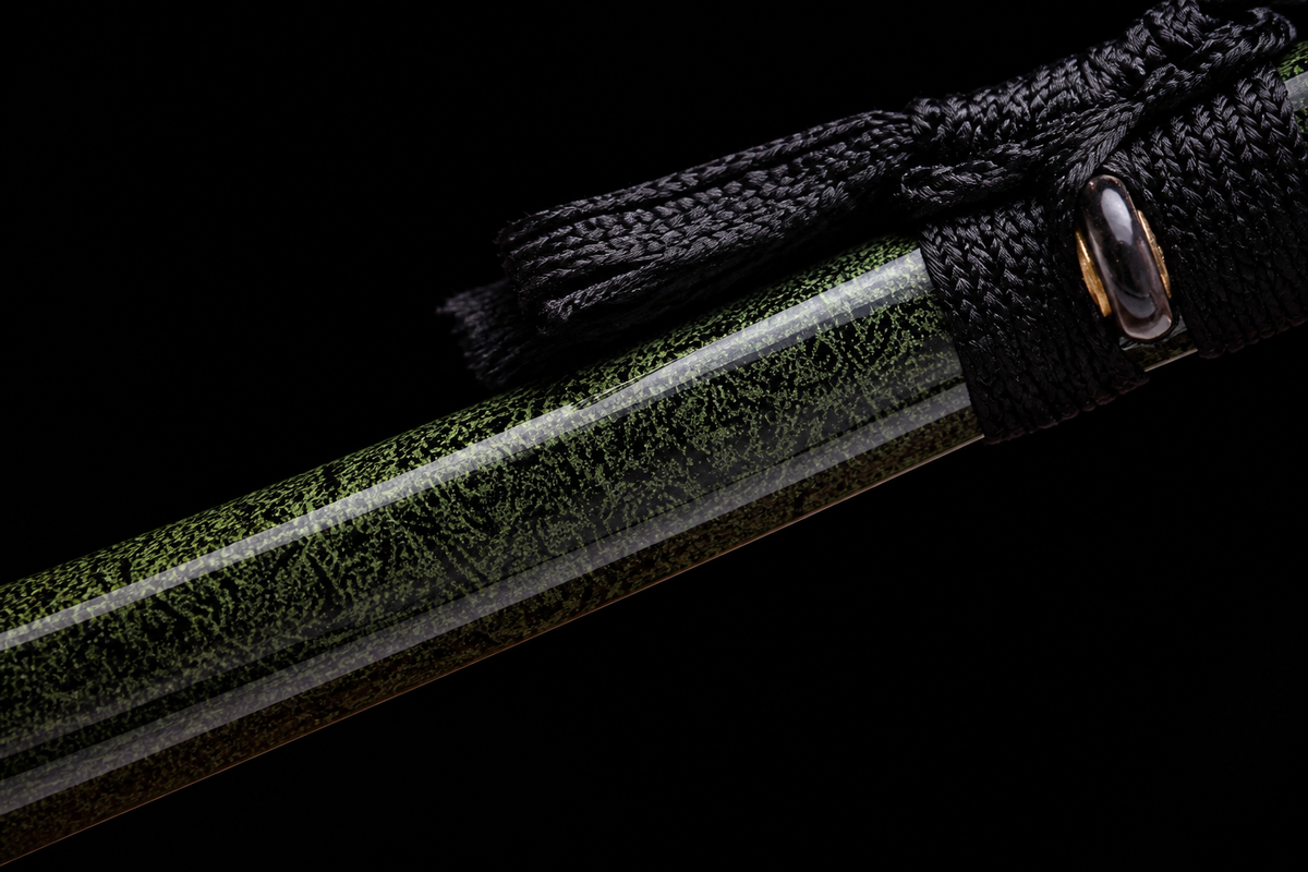 Folded Steel Short Sword — Black Ito, Olive Saya — photograph 8