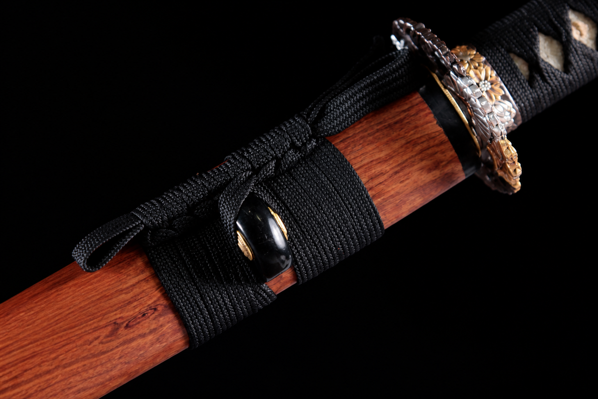 T10 Midare Short Sword — Black Ito, Wood Saya — photograph 8