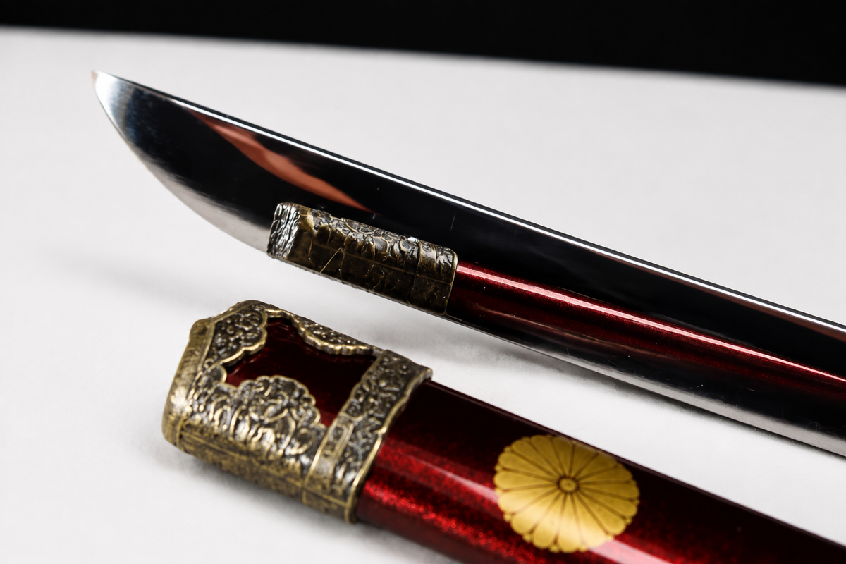 Unsharpened Collector Tachi — 5160 Spring Steel, Mirror Polish, Alloy Mounts — saya detail