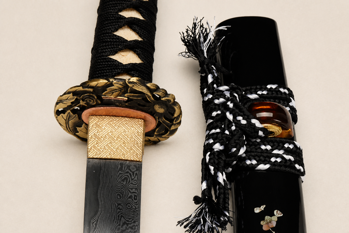 Plum Blossom Wakizashi — Sanmai T1095, Patterned Steel, Copper Fittings — tsuba, habaki and sageo detail