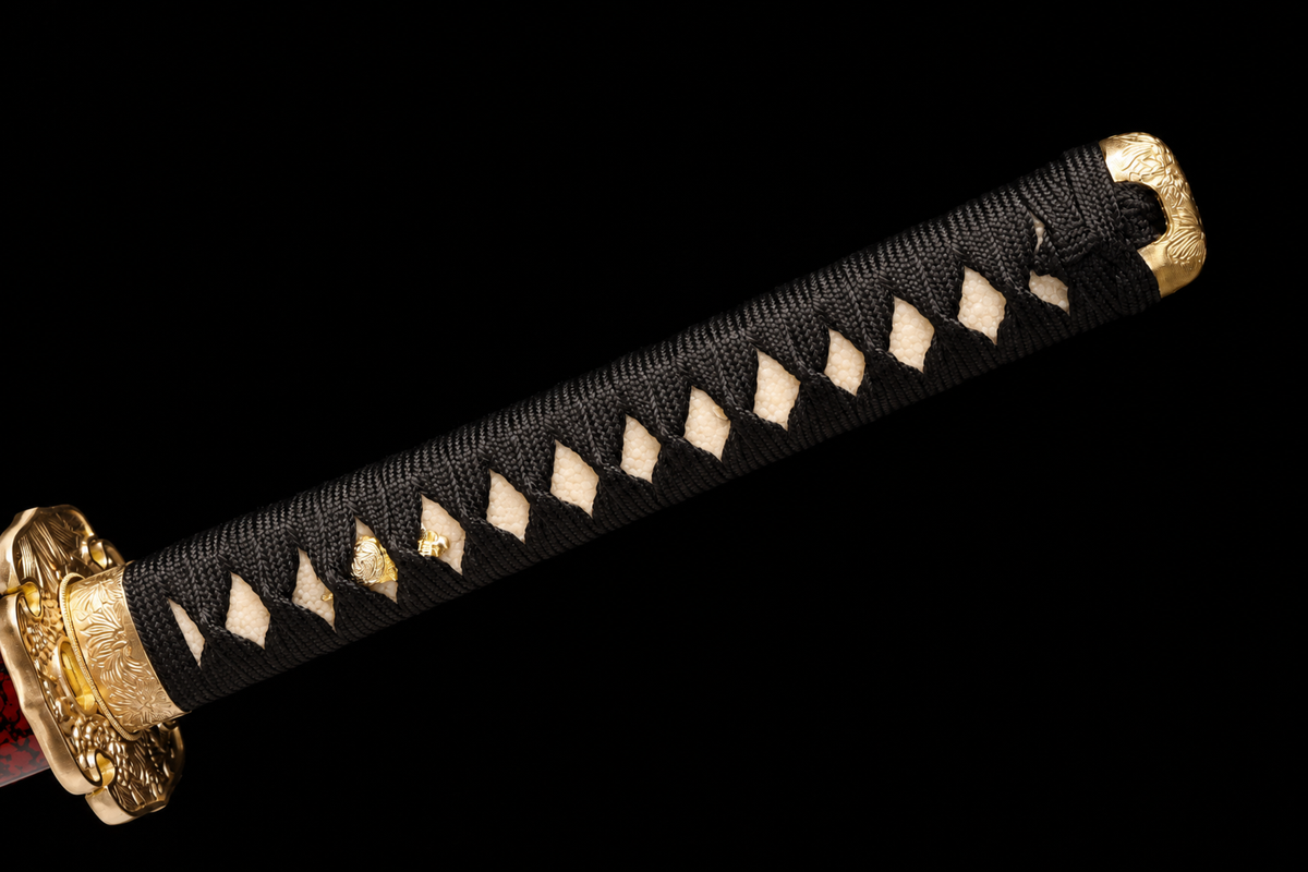 Chrysanthemum-Tsuba Katana — Mirror-Polished 5160, Red Mottled Saya — tsuka and kashira detail