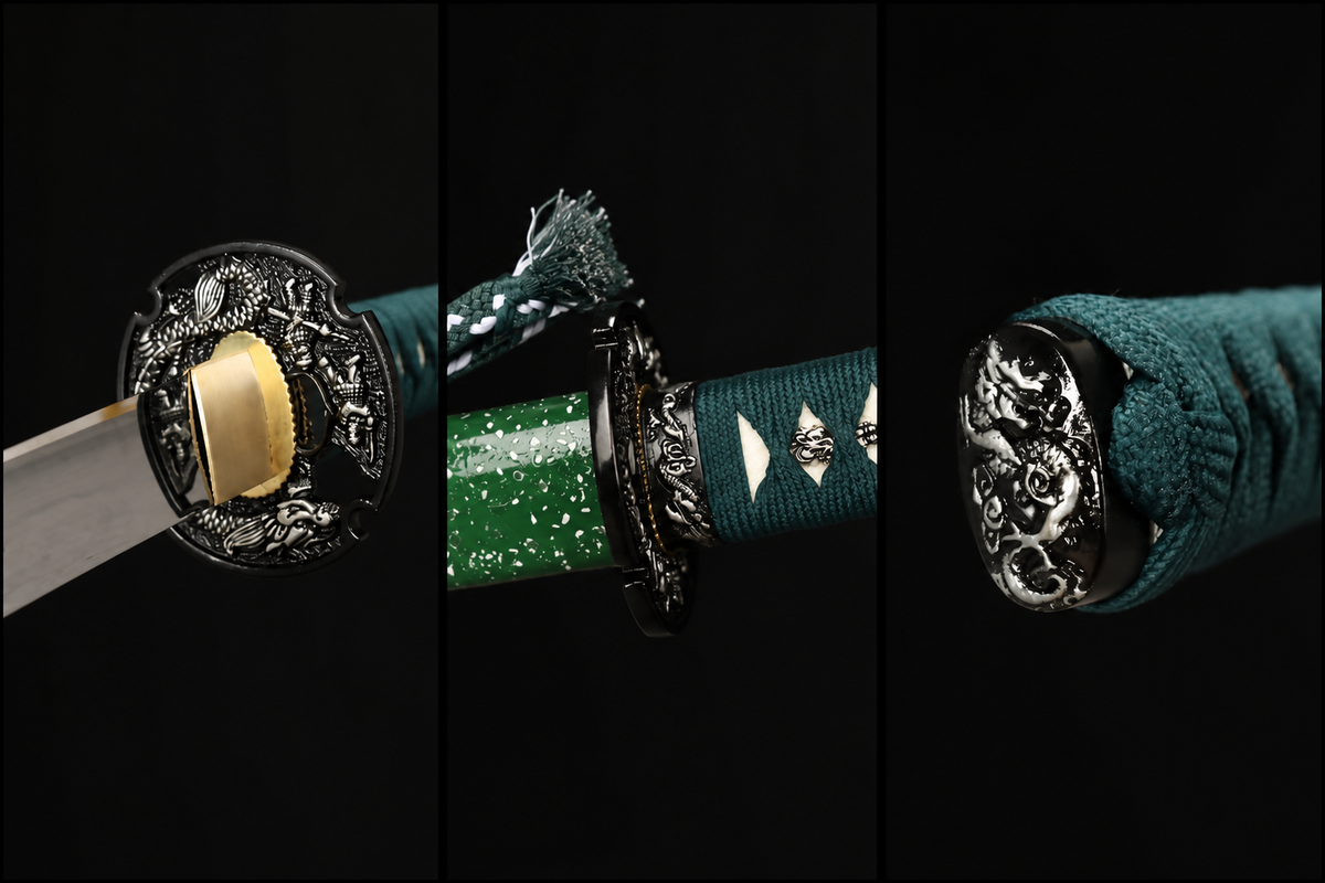 Unsharpened Hira-Zukuri Silver-Dragon Collector Katana — Mirror Polish, Alloy Fittings — fittings detail