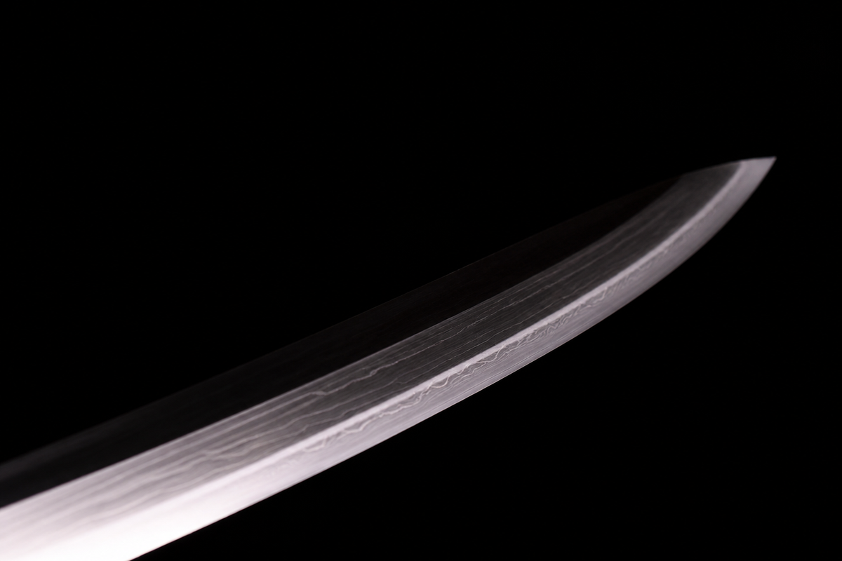 Folded Steel Short Sword — Black Ito, Olive Saya — photograph 9