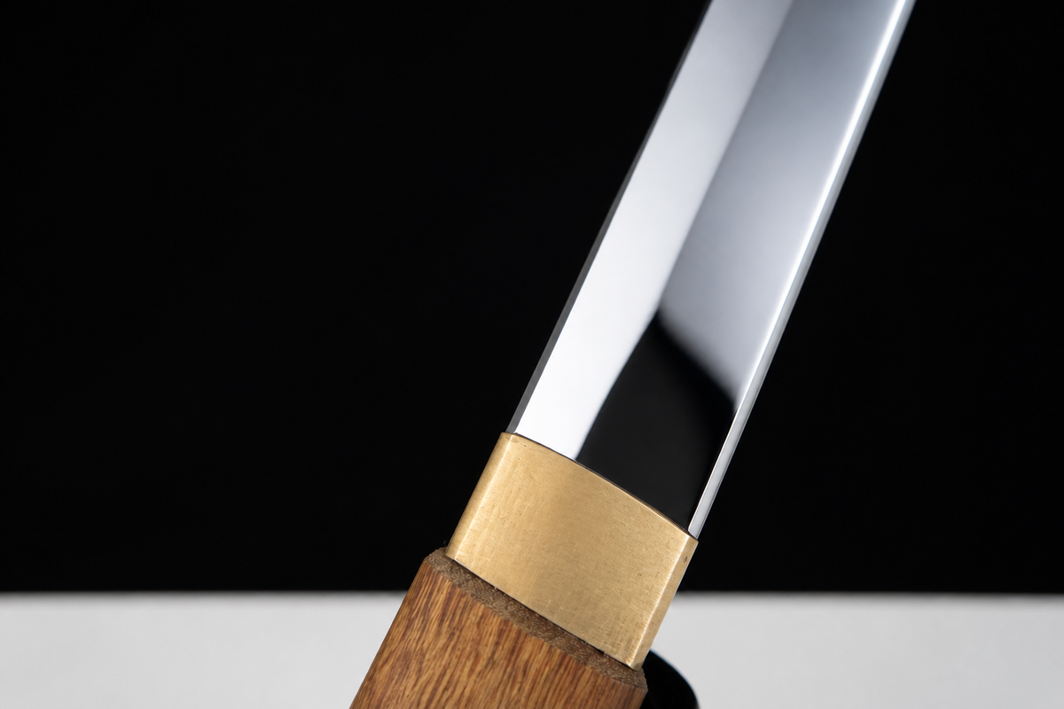 Wenge Tanto — Shinogi Blade, Brass Habaki — brass fitting and mirror-polished blade detail