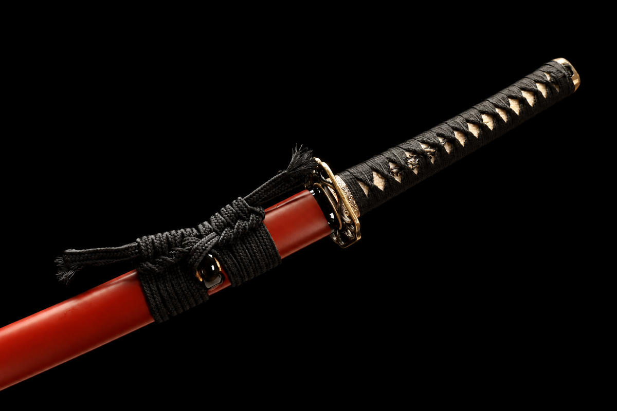 Rising Dragon Katana — Vermilion Saya, Gold Openwork Tsuba — sheathed tsuka, angled detail
