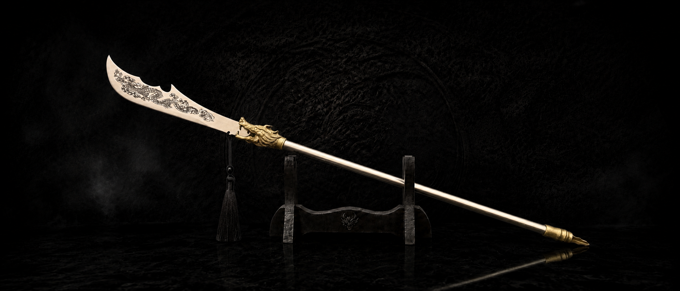 Green Dragon Crescent Blade Miniature Guan Dao - detail view - MythArc collectible