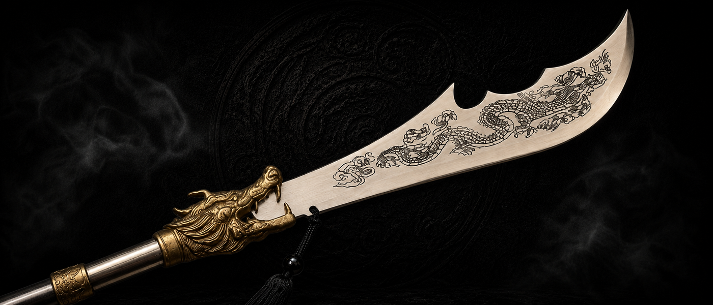 Green Dragon Crescent Blade Miniature Guan Dao - detail view - MythArc collectible