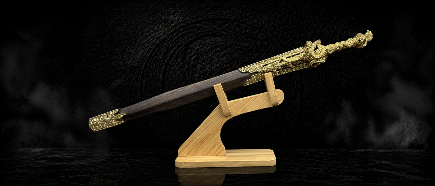 Youlong Dragon Damascus Steel Sword - detail view - MythArc collectible