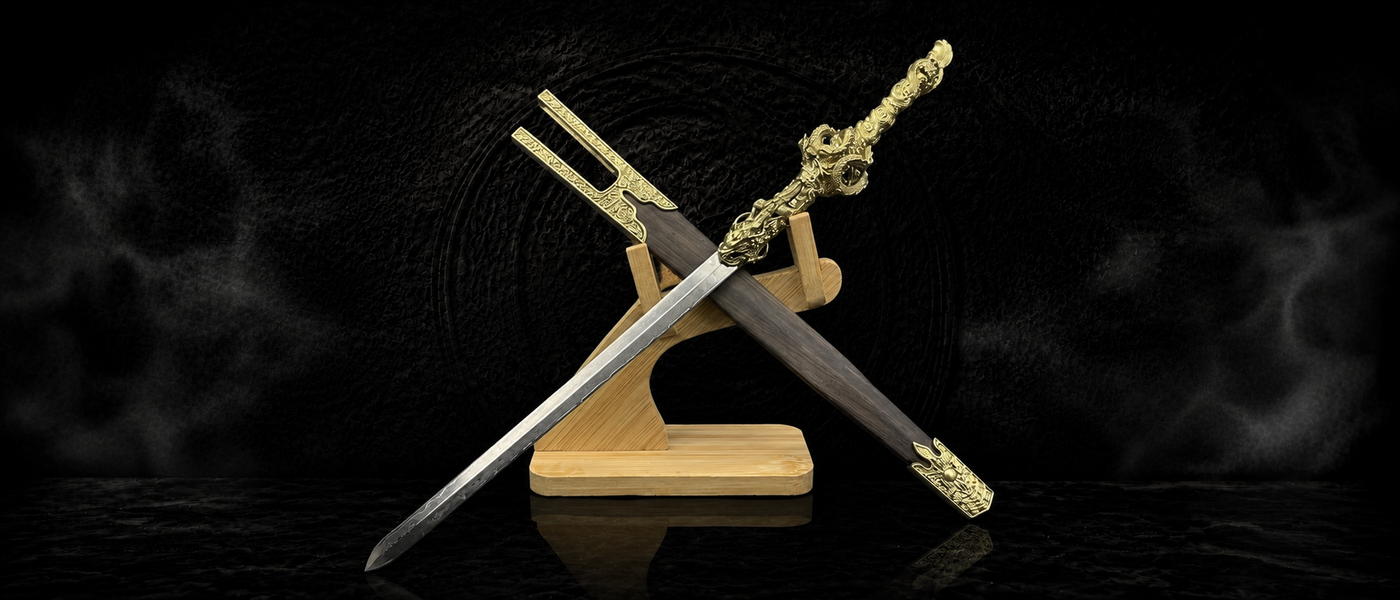 Youlong Dragon Damascus Steel Sword - detail view - MythArc collectible