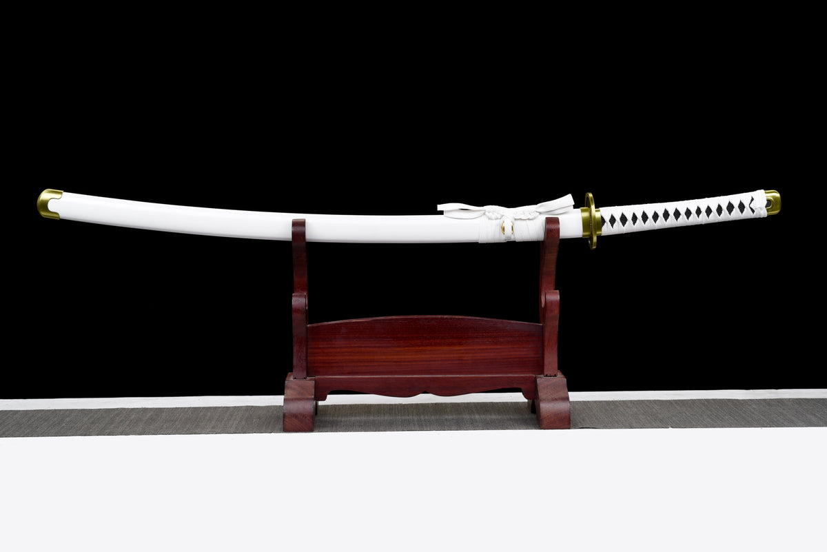 Black-Blade Anime Katana — White Ito, White Lacquered Saya — studio photograph 1
