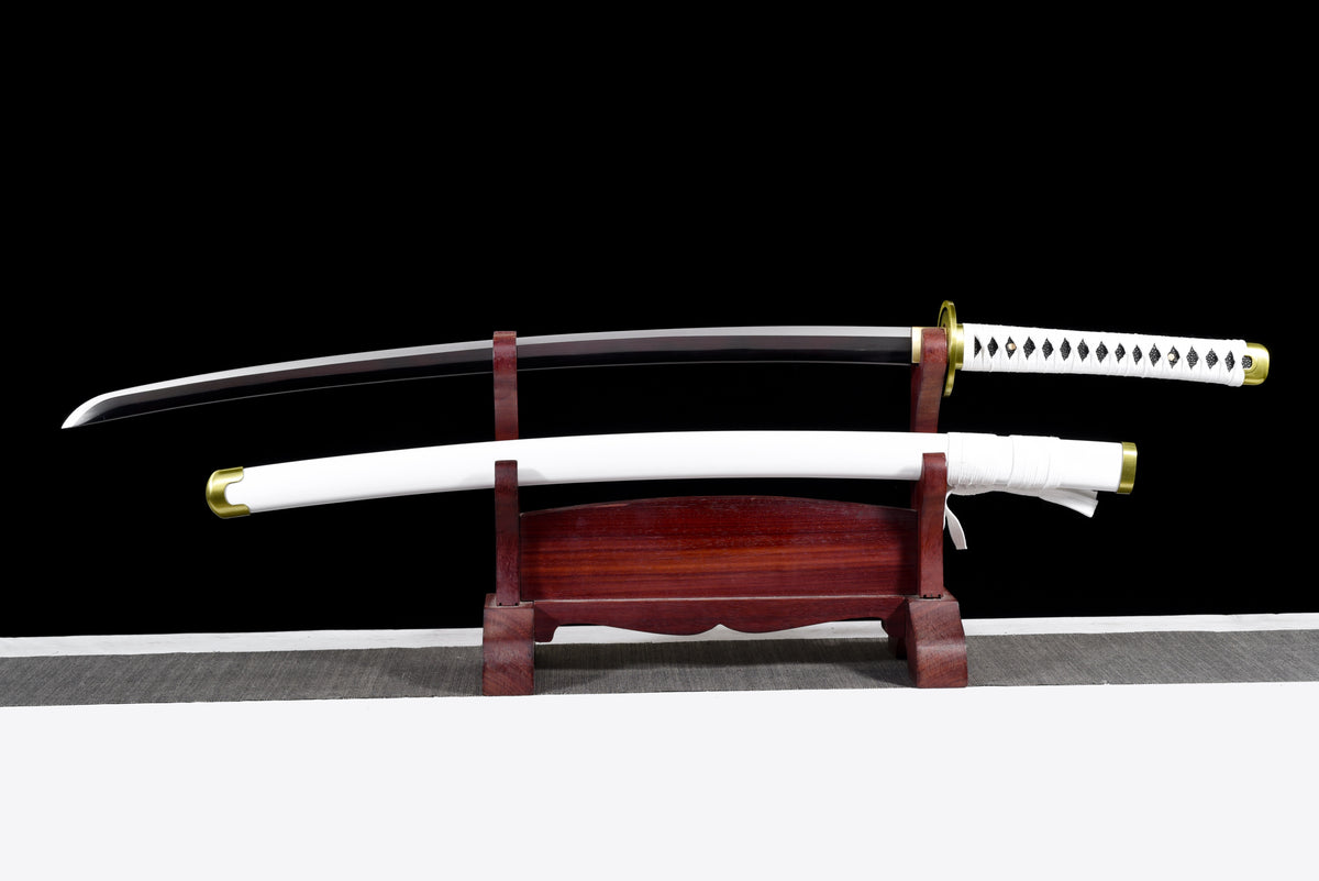 Black-Blade Anime Katana — White Ito, White Lacquered Saya — studio photograph 2