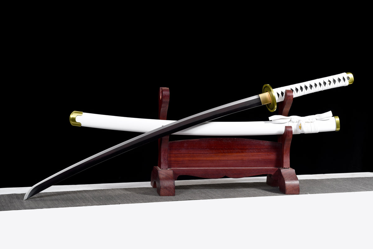 Black-Blade Anime Katana — White Ito, White Lacquered Saya — studio photograph 3