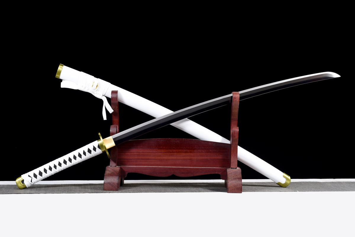 Black-Blade Anime Katana — White Ito, White Lacquered Saya — studio photograph 4