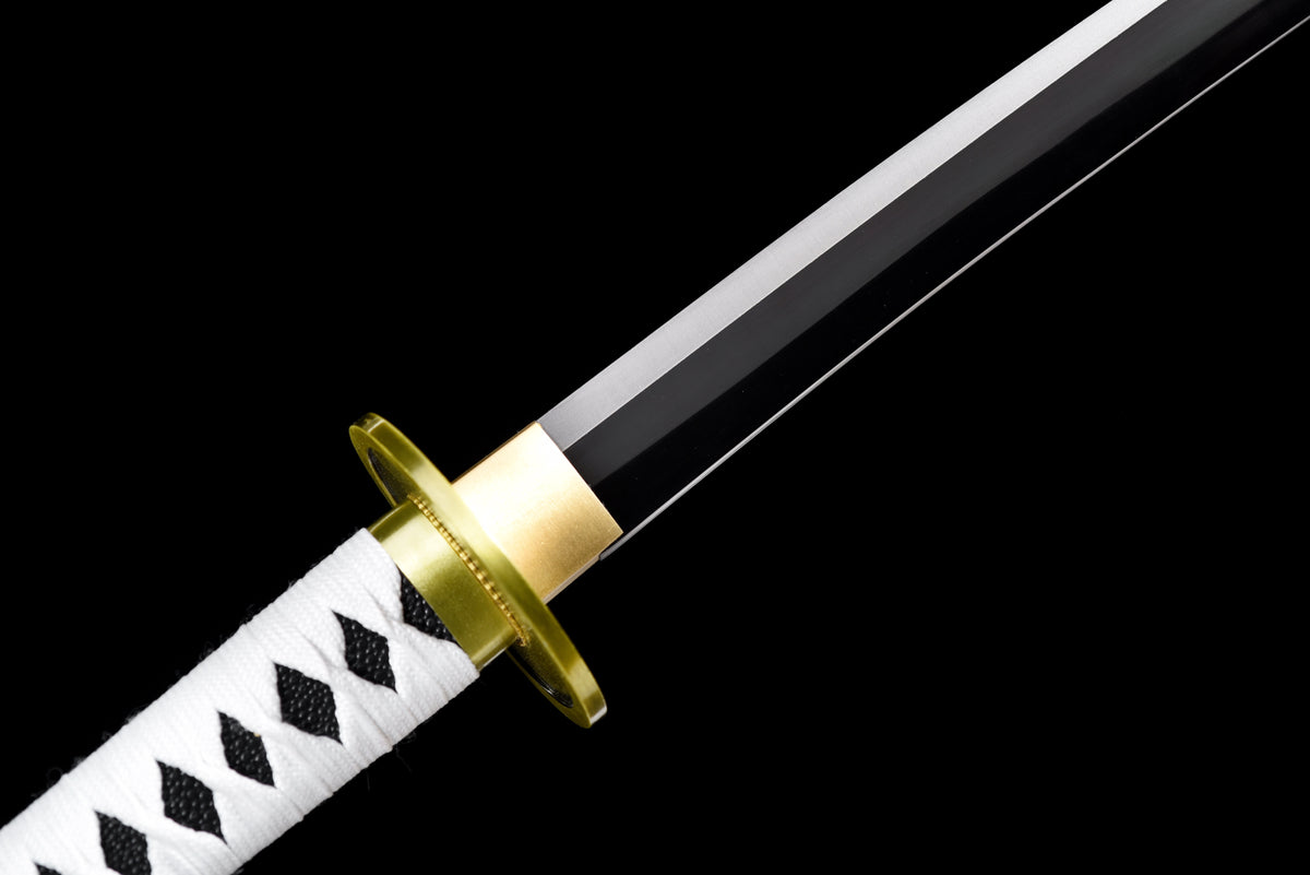 Black-Blade Anime Katana — White Ito, White Lacquered Saya — studio photograph 7