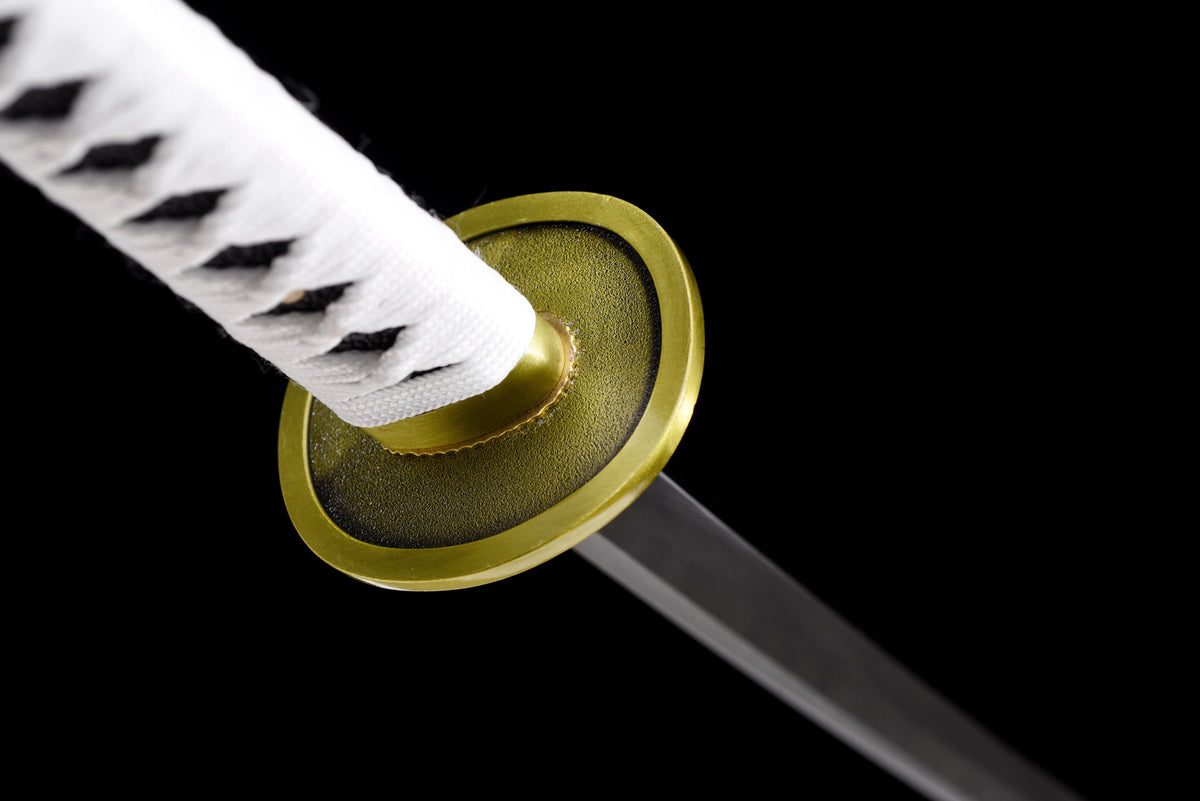 Black-Blade Anime Katana — White Ito, White Lacquered Saya — studio photograph 8