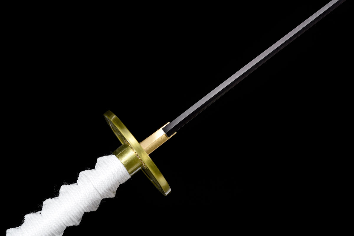 Black-Blade Anime Katana — White Ito, White Lacquered Saya — studio photograph 9