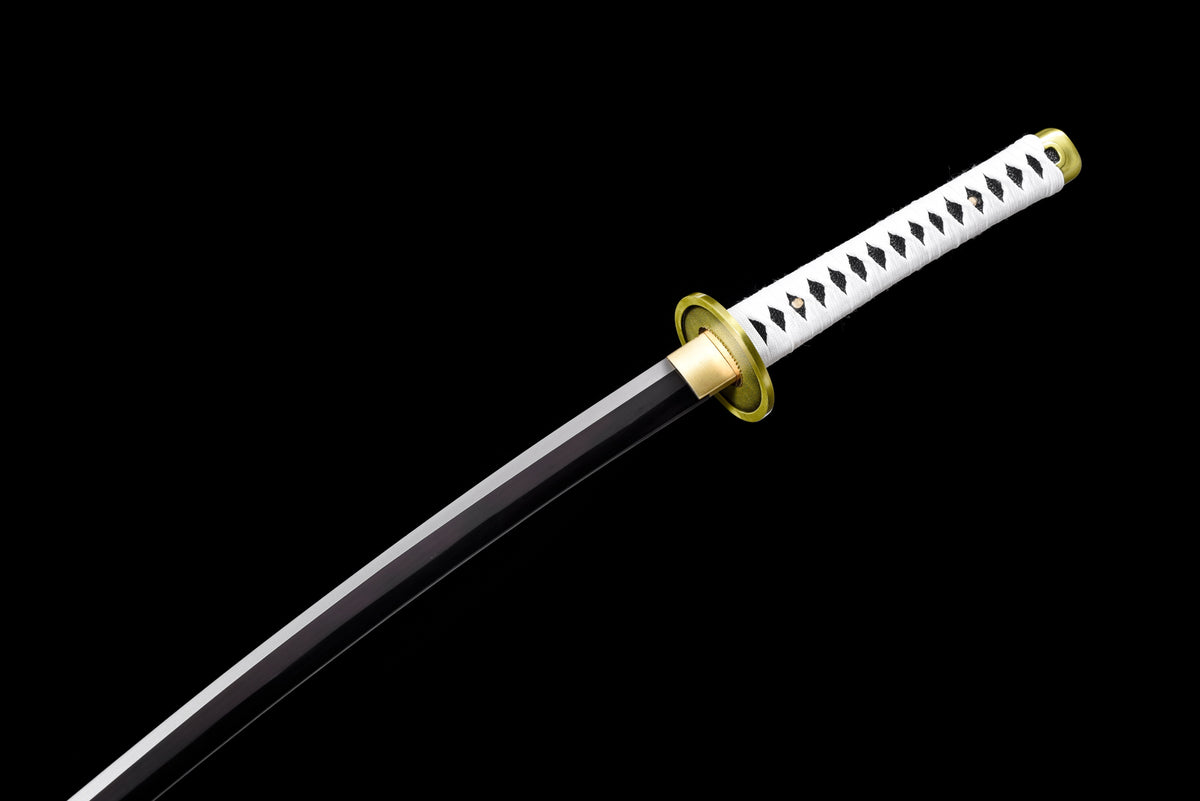 Black-Blade Anime Katana — White Ito, White Lacquered Saya — studio photograph 10