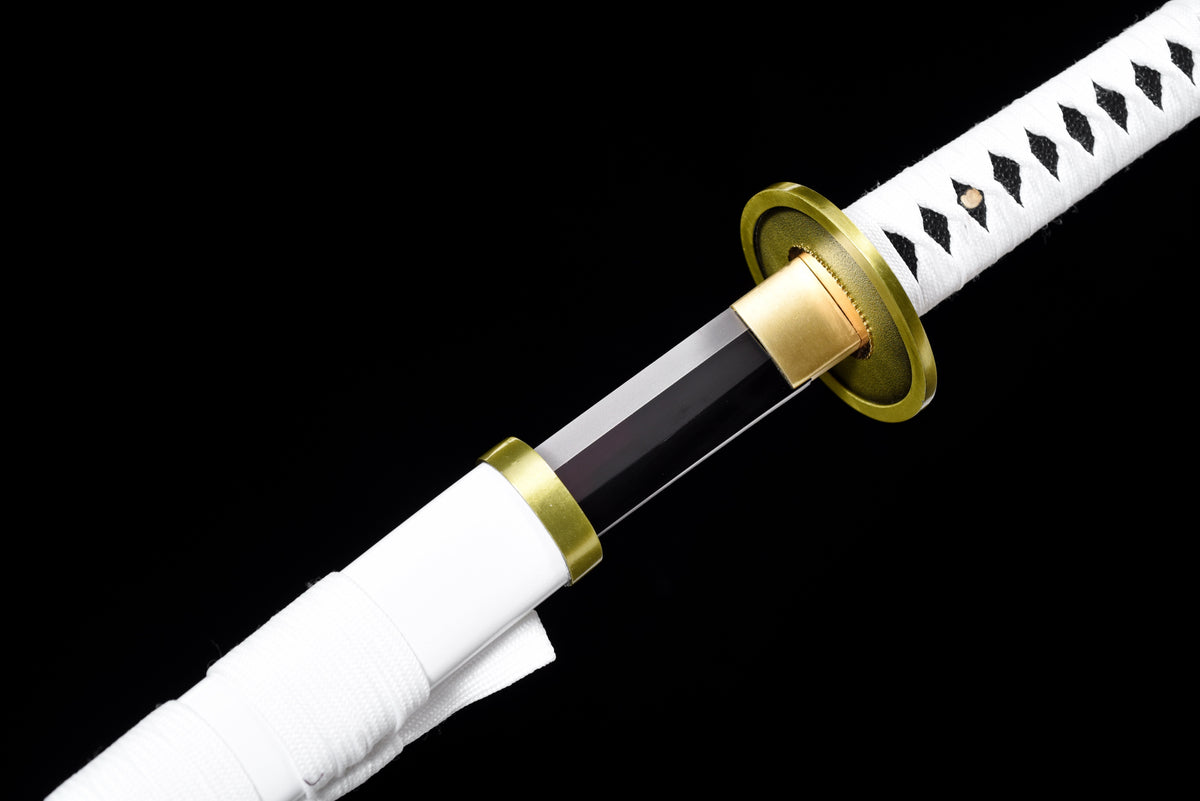 Black-Blade Anime Katana — White Ito, White Lacquered Saya — studio photograph 12