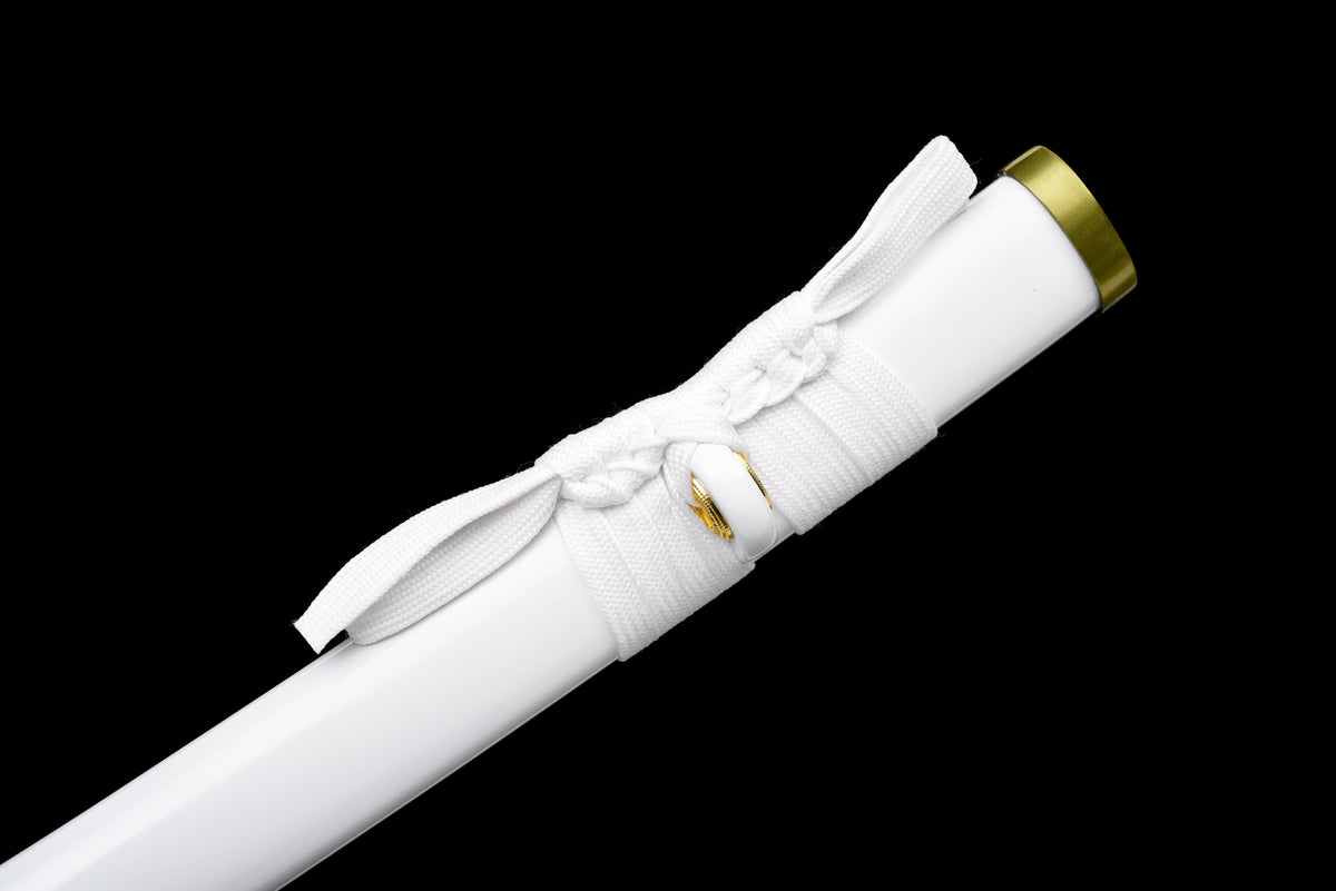 Black-Blade Anime Katana — White Ito, White Lacquered Saya — studio photograph 13