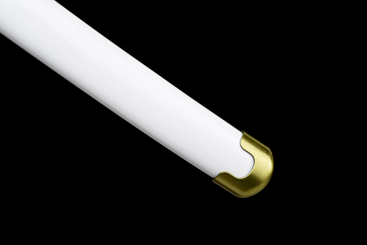 Black-Blade Anime Katana — White Ito, White Lacquered Saya — studio photograph 14