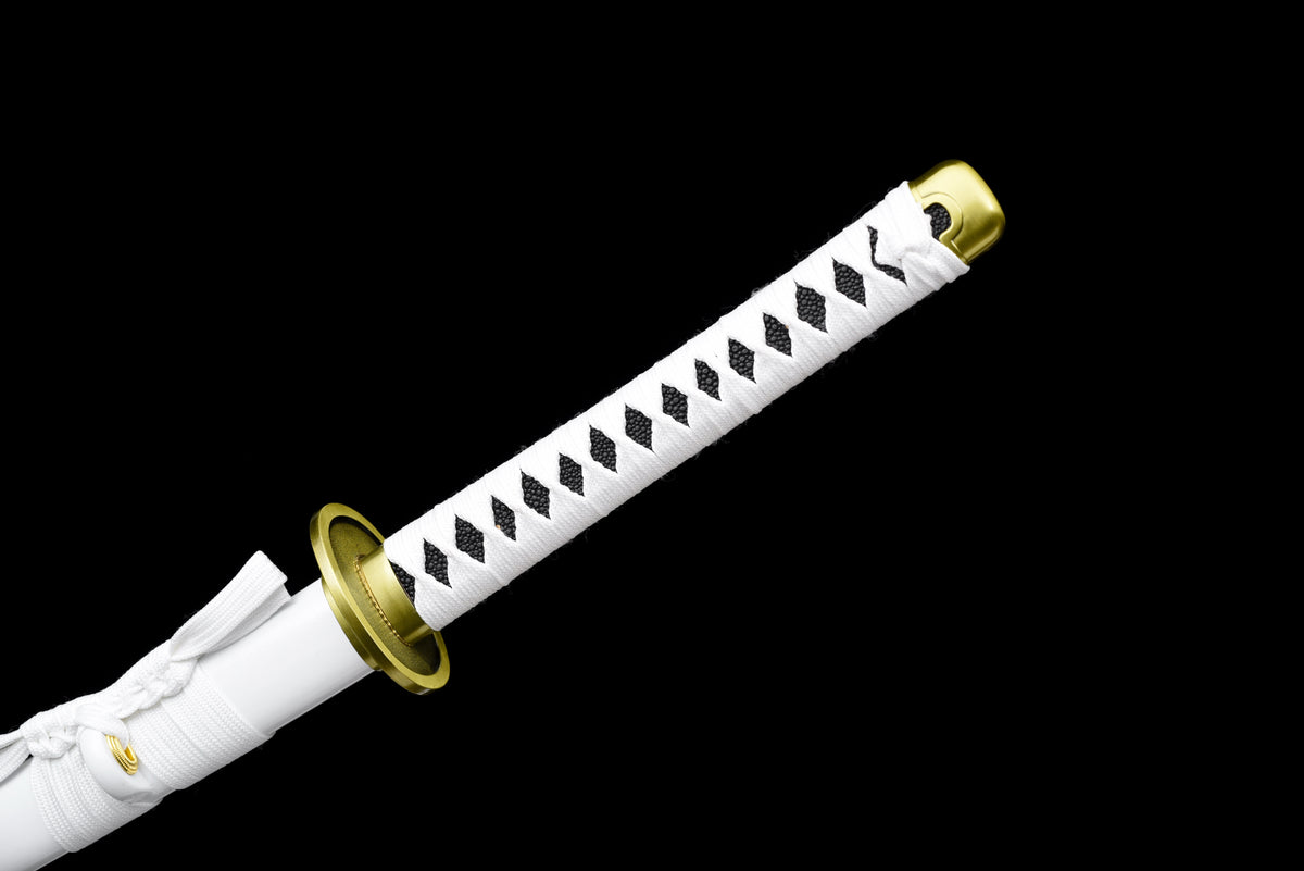 Black-Blade Anime Katana — White Ito, White Lacquered Saya — studio photograph 15