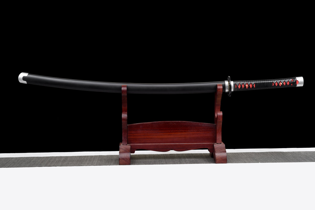 Black-Blade Anime Katana — Black & Red Ito, Wheel Tsuba — studio photograph 1