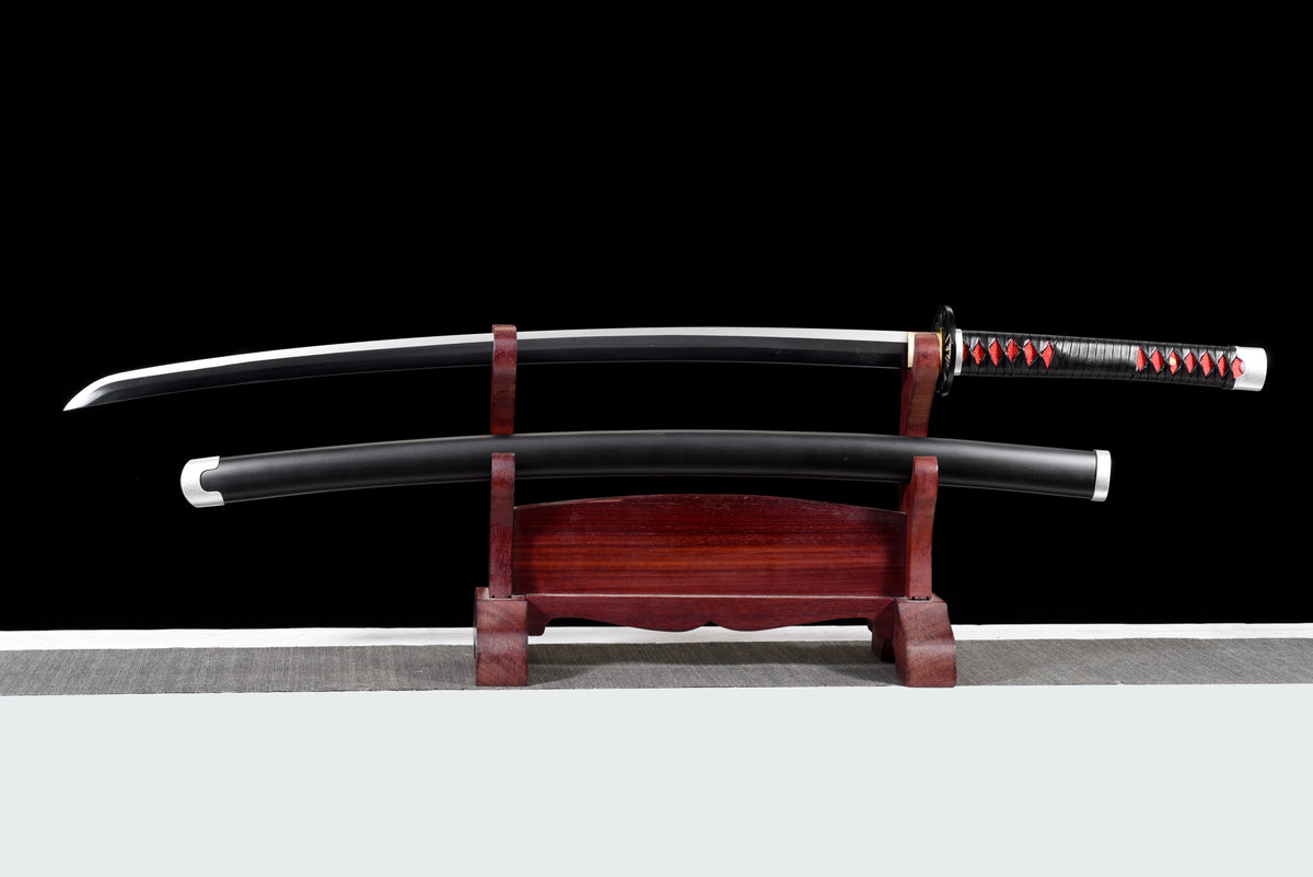 Black-Blade Anime Katana — Black & Red Ito, Wheel Tsuba — studio photograph 2
