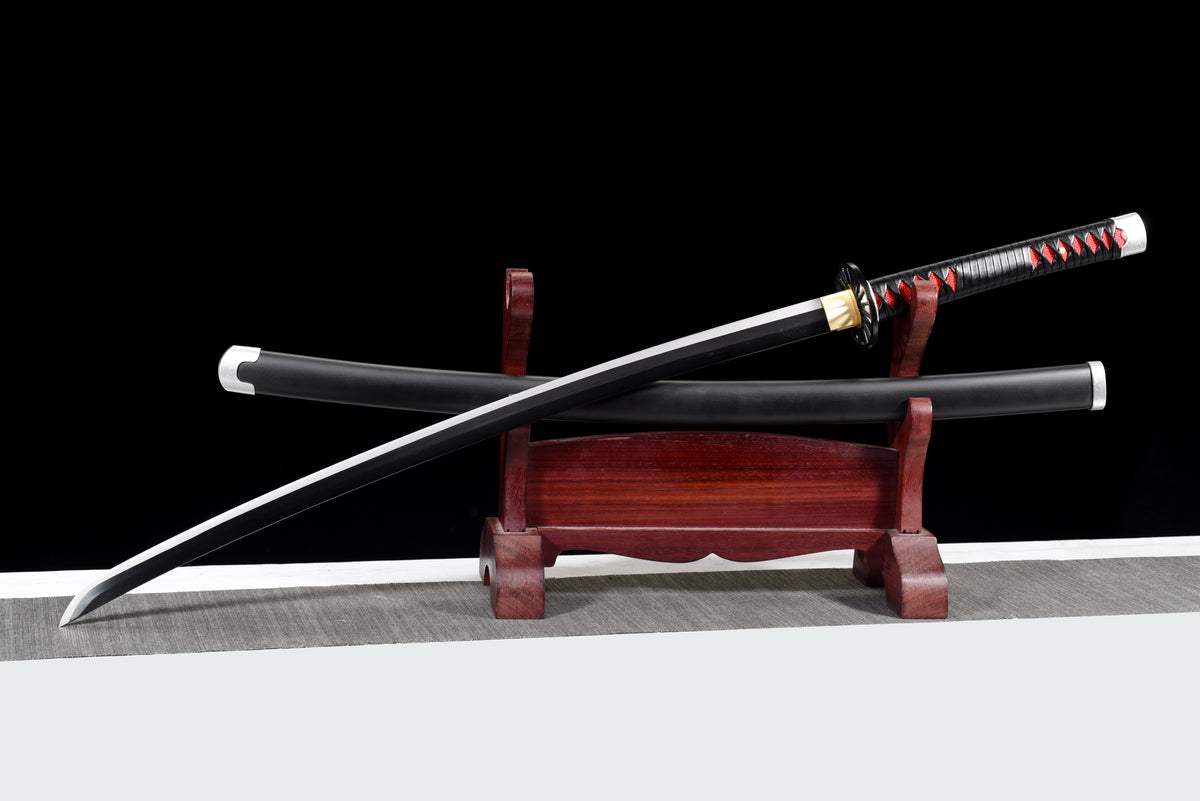 Black-Blade Anime Katana — Black & Red Ito, Wheel Tsuba — studio photograph 3