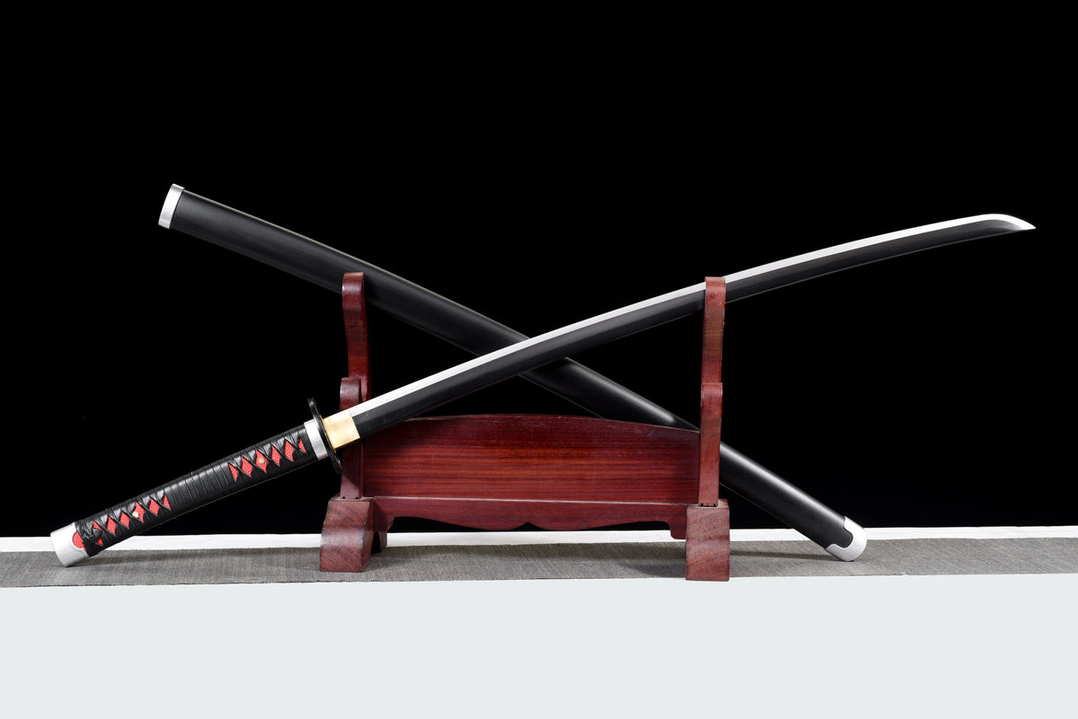 Black-Blade Anime Katana — Black & Red Ito, Wheel Tsuba — studio photograph 4