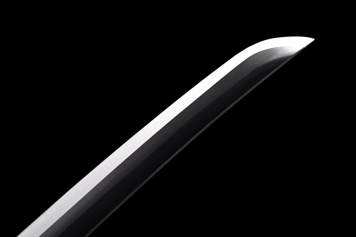 Black-Blade Anime Katana — Black & Red Ito, Wheel Tsuba — studio photograph 5